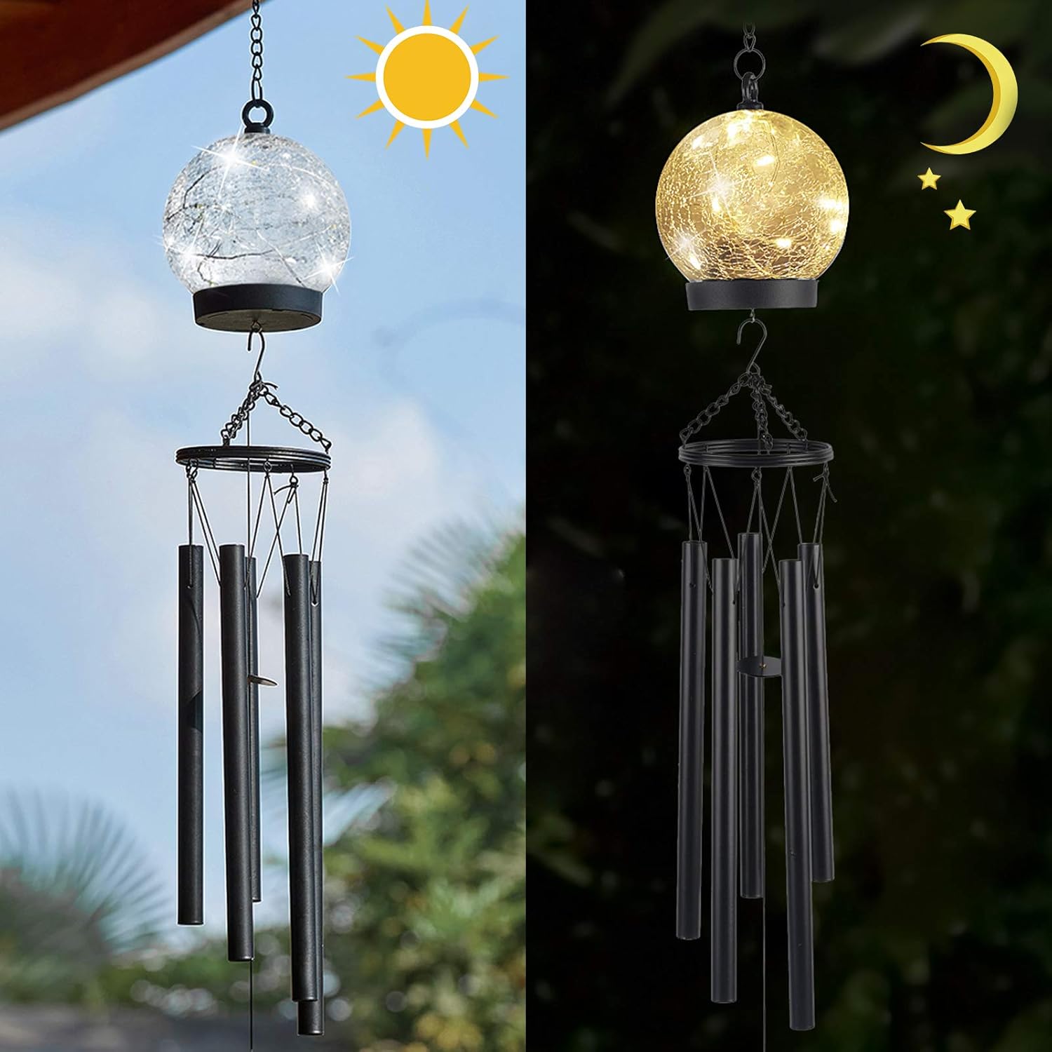 Campanillas de viento para exteriores, 42 pulgadas, campanilla grande de condolencia, 15 LED, blanco cálido, esfera de vidrio agrietado, linterna