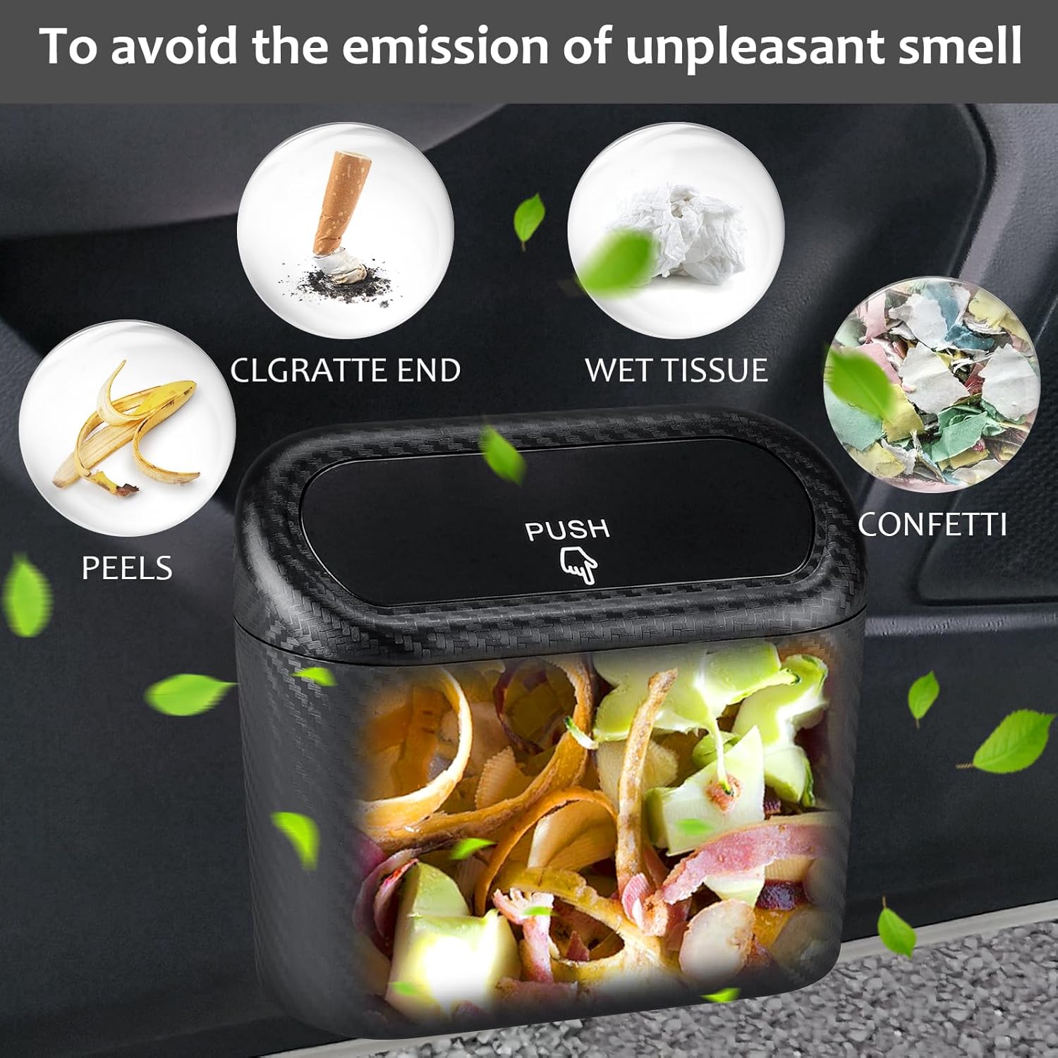 Accmor Cubo de basura para automóvil con tapa, paquete de 2 mini cubos de basura para vehículos, organizador de basura con bolsa de basura,