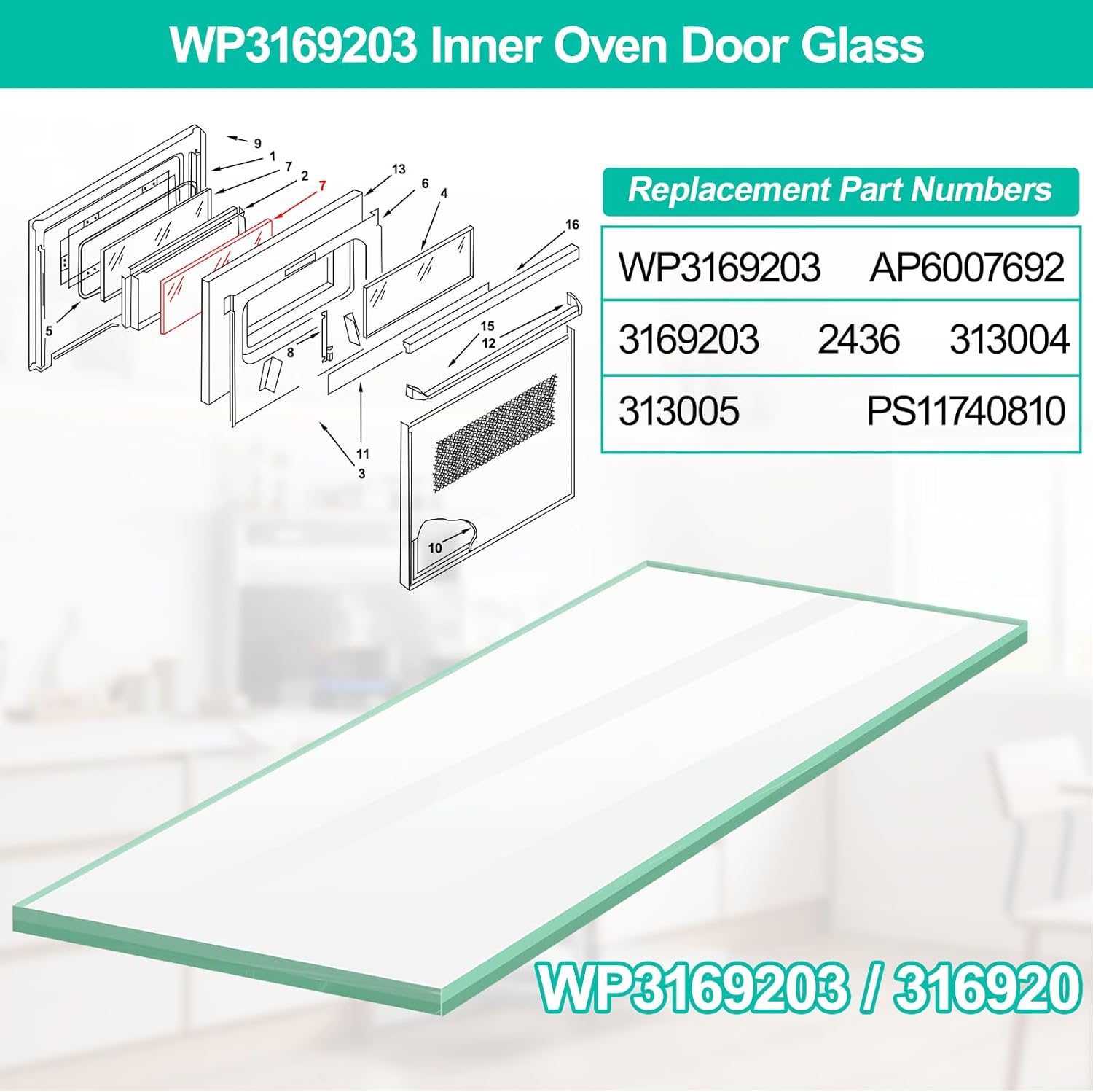 WP3169203 – Reemplazo de vidrio para puerta interior de horno compatible con Whirlpool KitchenAid – Vidrio de puerta de horno para horno de pared,