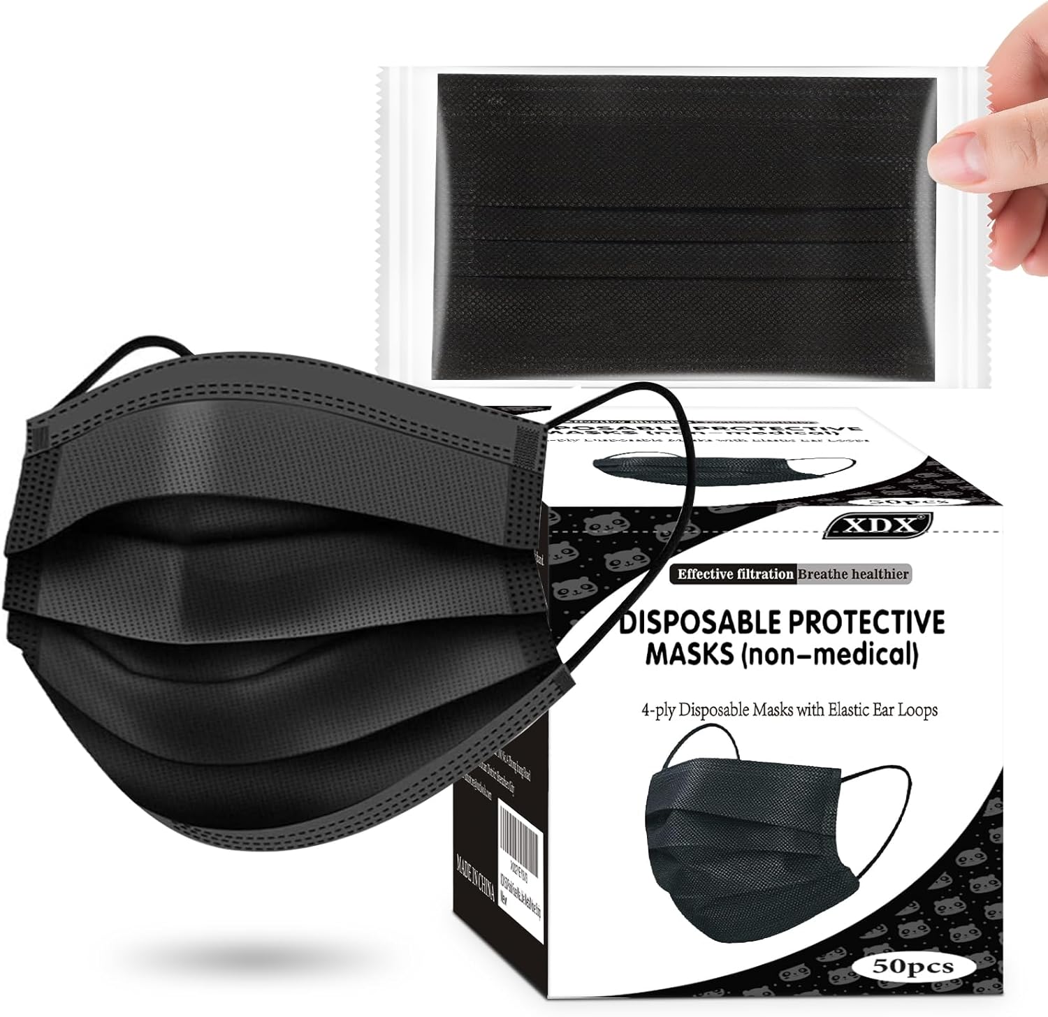 XDX Mascarillas desechables negras, paquete de 50 unidades, mascarillas de 4 capas envueltas individualmente para mujeres, hombres, adultos, unisex,