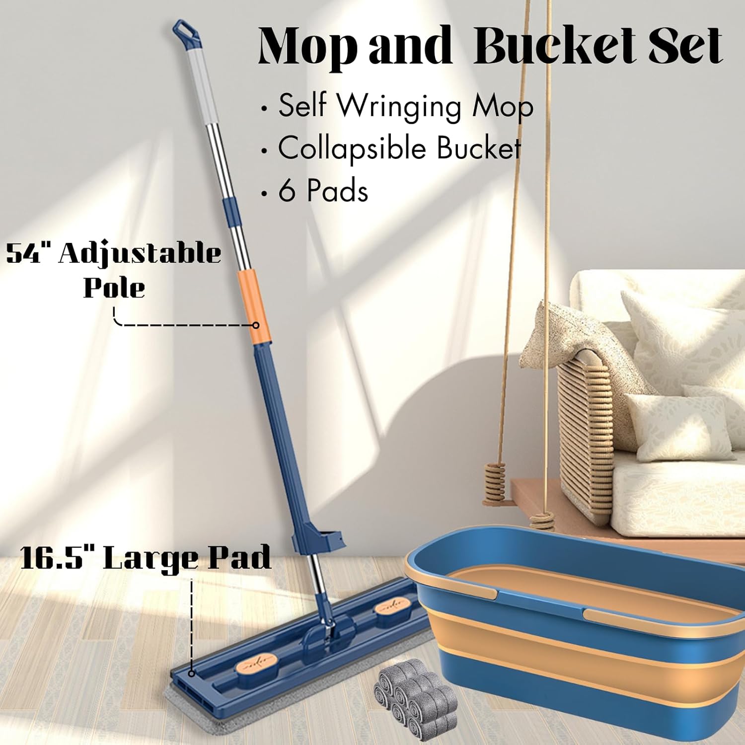 Juego de trapeador plano grande y cubo plegable para trapeador automático Trapeador mágico de 360 grados con escobilla + cubo plegable grande de 12