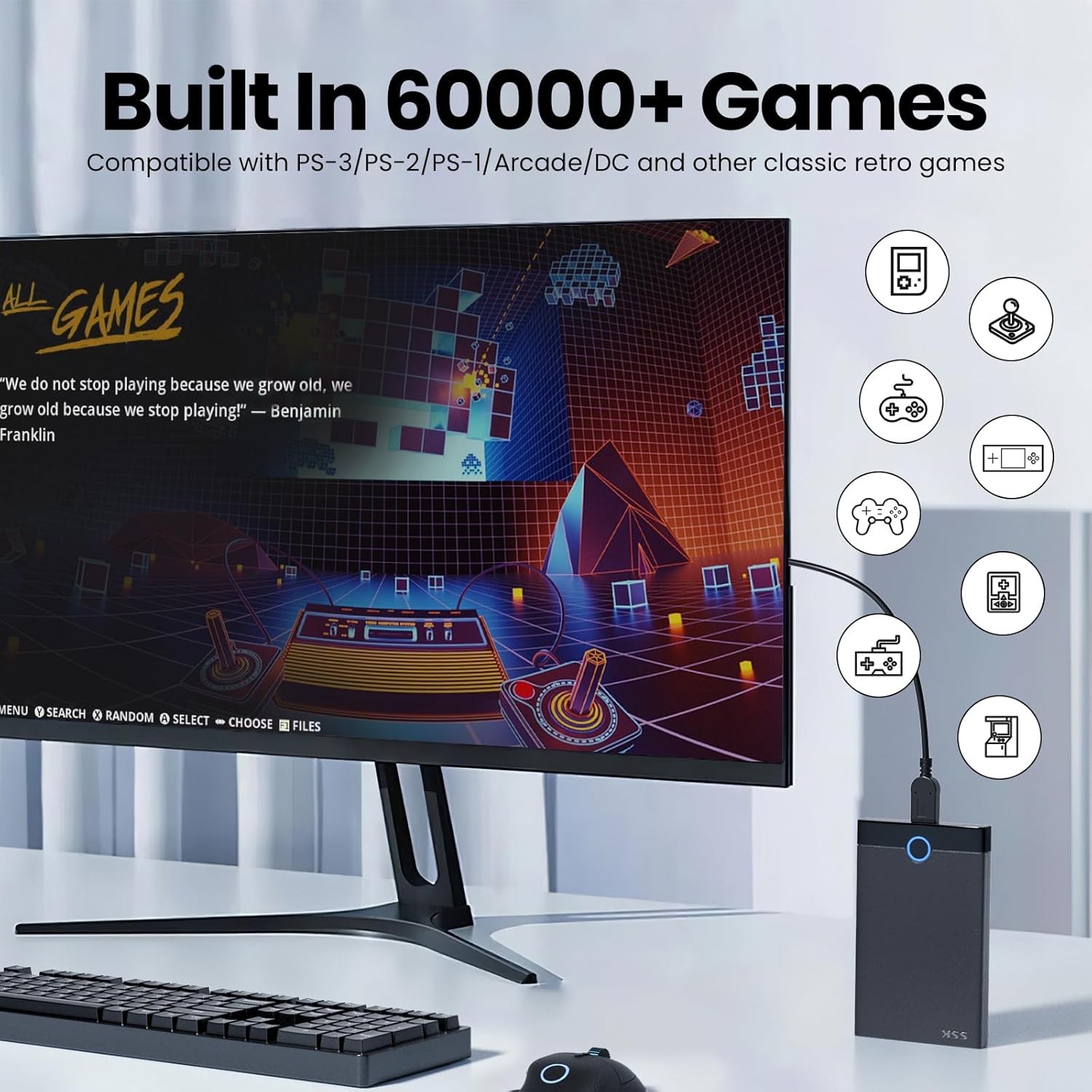 Bearway Retro Game Console 500G HDD- Video Game Console with 60000+Classic Games, External Hard Drive Compatible with 70+Emulators and 3D Games,
