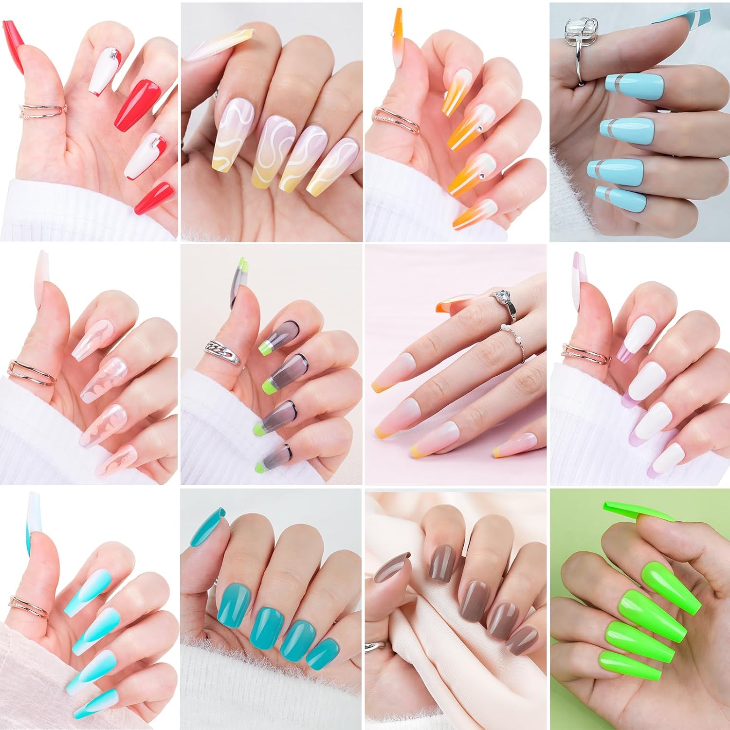 12 paquetes (288 piezas) de uñas postizas medianas a presión, uñas postizas largas con diseño cuadrado de pegamento en uñas acrílicas de cobertura