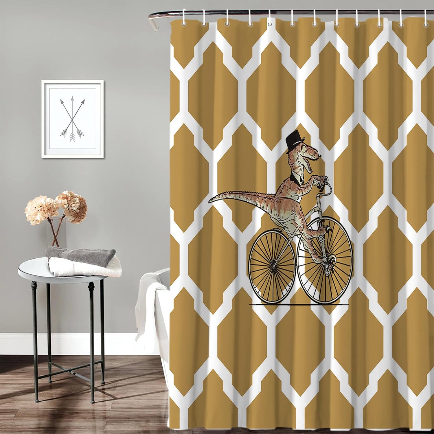 Vandarllin Divertida cortina de ducha con diseño geométrico de dinosaurio para bicicleta, juego de cortinas de ducha para niños con ganchos,