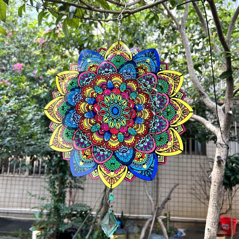 HZSprance Molinillo de viento con diseño de mandala, escultura de jardín de acero inoxidable 3D de 12 pulgadas, para colgar en el patio, decoración
