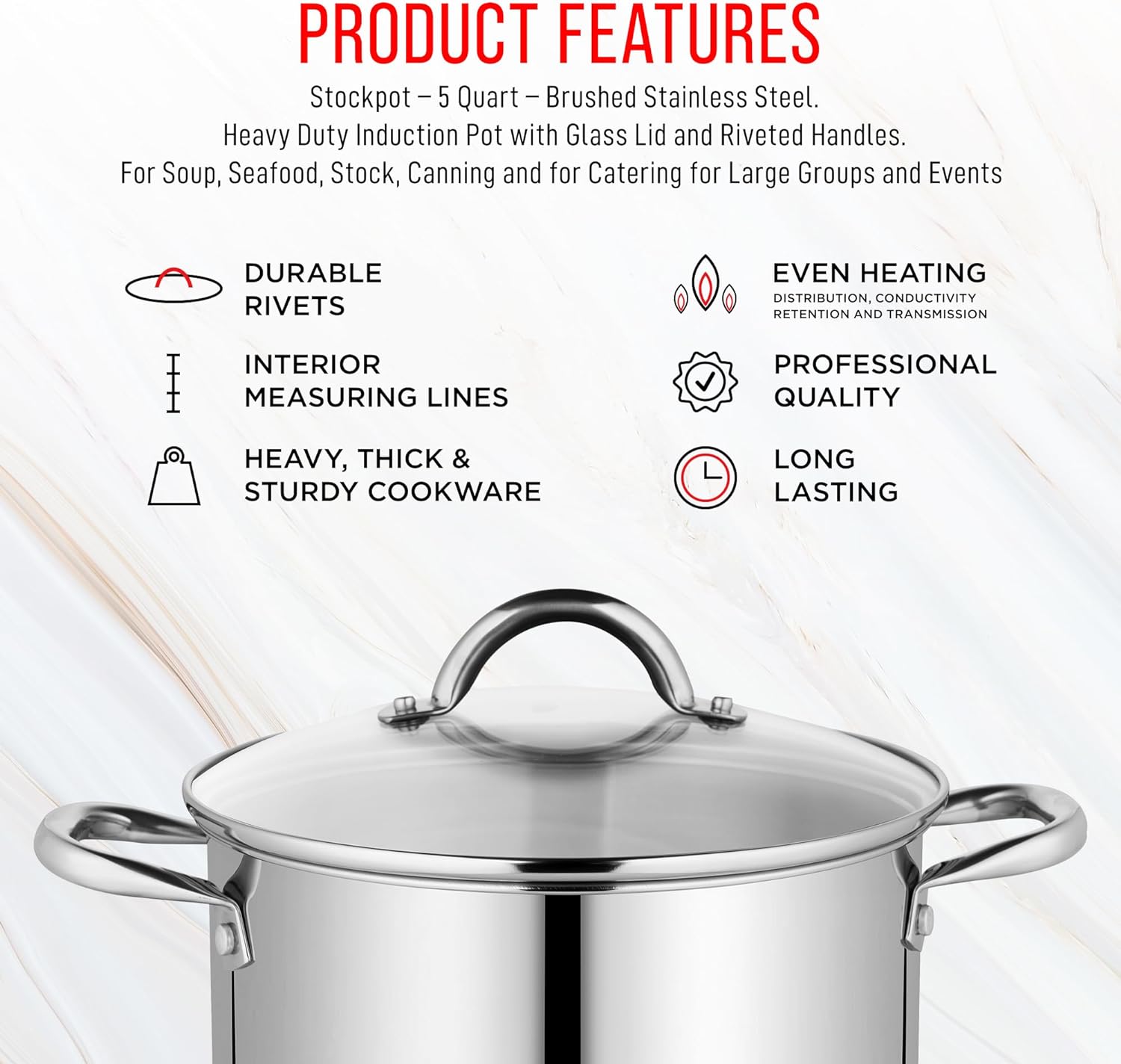 Bakken-Swiss Deluxe – Olla de acero inoxidable de 5 cuartos de galón con tapa transparente de vidrio templado, deliciosas sopas, guisos y cocción