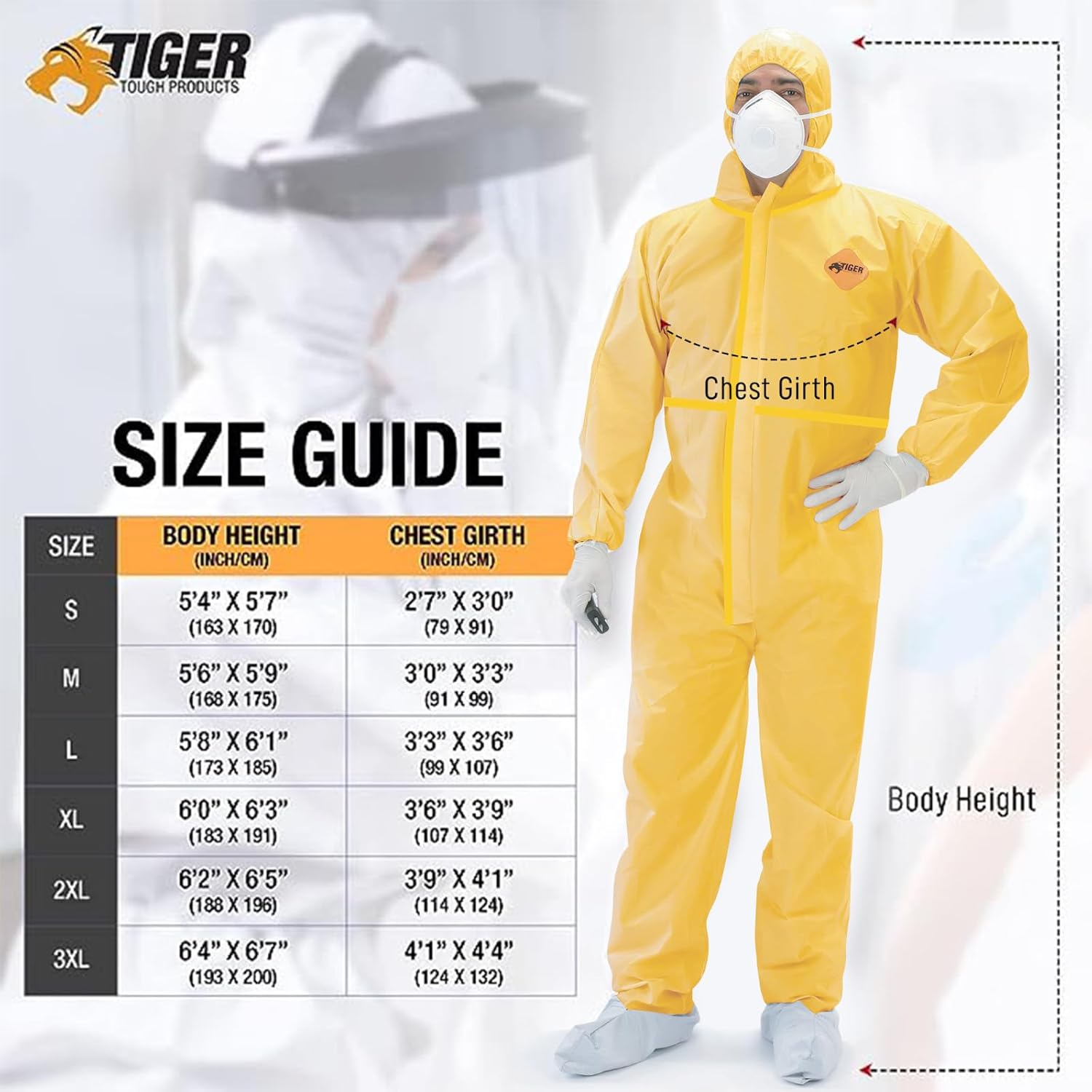 Tiger Tough – Overol de protección química resistente  Trajes de materiales peligrosos con capucha y cremallera  Traje químico amarillo duradero