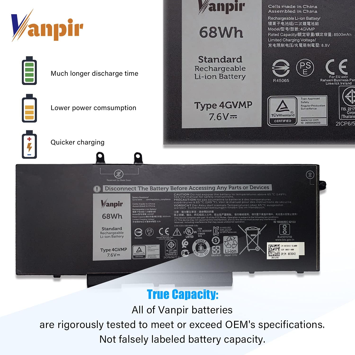 Batería para portátil 4GVMP, 7.6 V 68 Wh, compatible con Dell Latitude 5400 5500 Precision 3540 3550 Inspiron 7590 7591 7791 2 en 1 Series Notebook