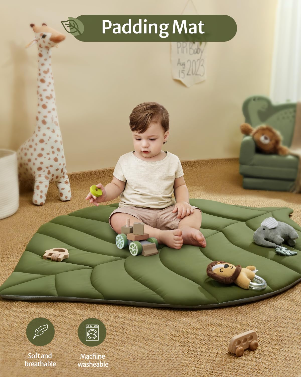 Blissful Diary Tapete de gimnasio y actividades para bebés, tapete de juego para bebés en forma de hoja de gran tamaño con 6 juguetes desmontables,