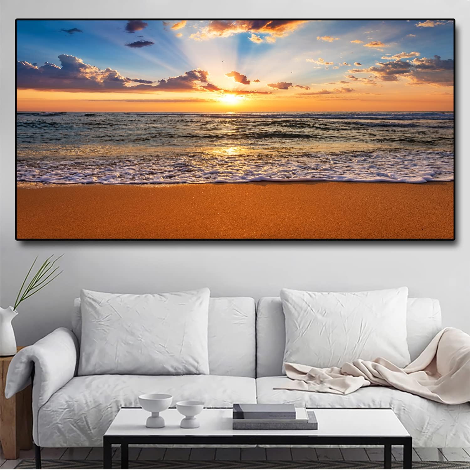 SUCREY Pintura en lienzo con diseño de olas del océano del amanecer en la playa, pósteres e impresiones modernas, arte de pared, sala de estar,