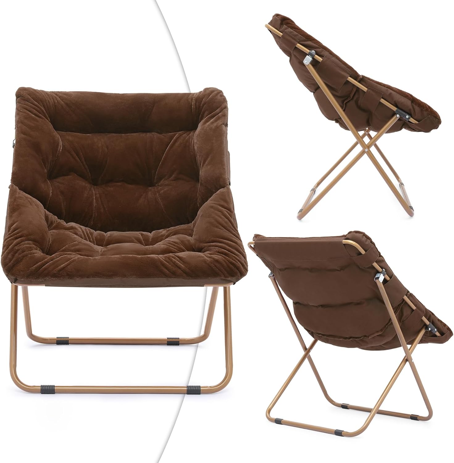 Magshion Silla cuadrada plegable de gran tamaño con platillo de luna para adultos, silla grande y acogedora para dormitorio, color marrón