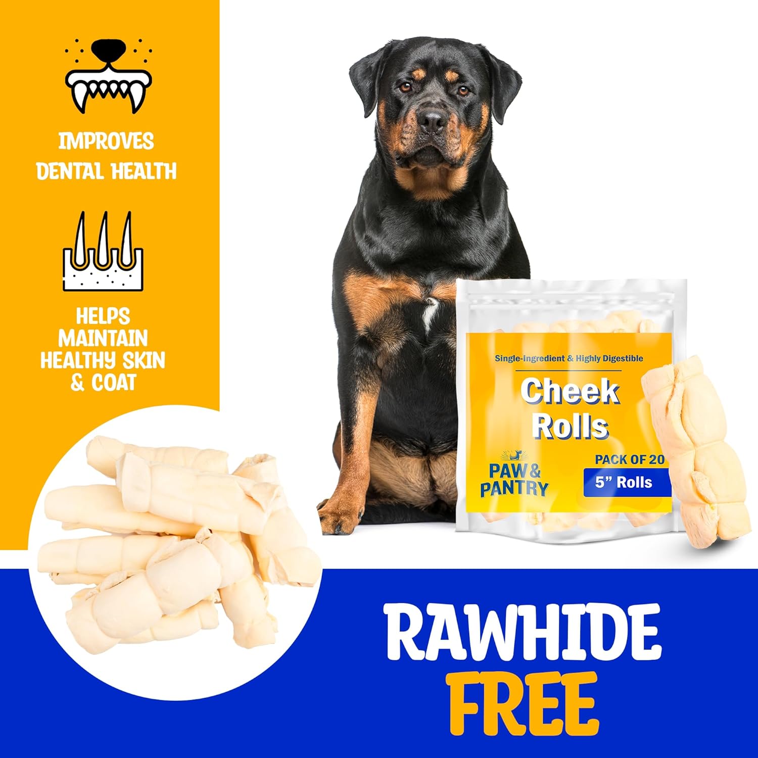 Paw & Pantry Rollos de mejillas de res totalmente naturales de 5 pulgadas para perros (paquete de 20) mejillas de res para perros, rollos de