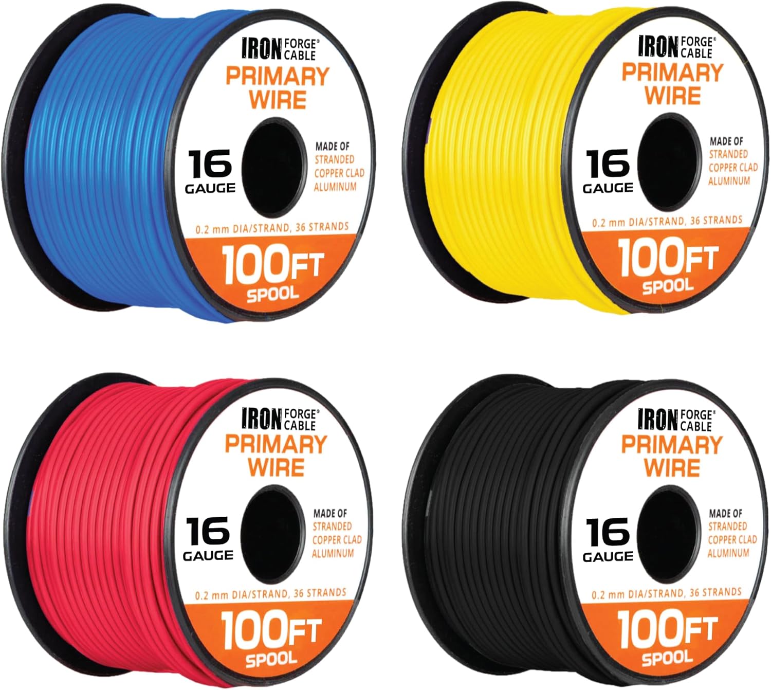 Iron Forge Cable Cable automotriz primario de calibre 16, paquete surtido de 4 rollos, 100 pies de alambre de aluminio revestido de cobre por rollo