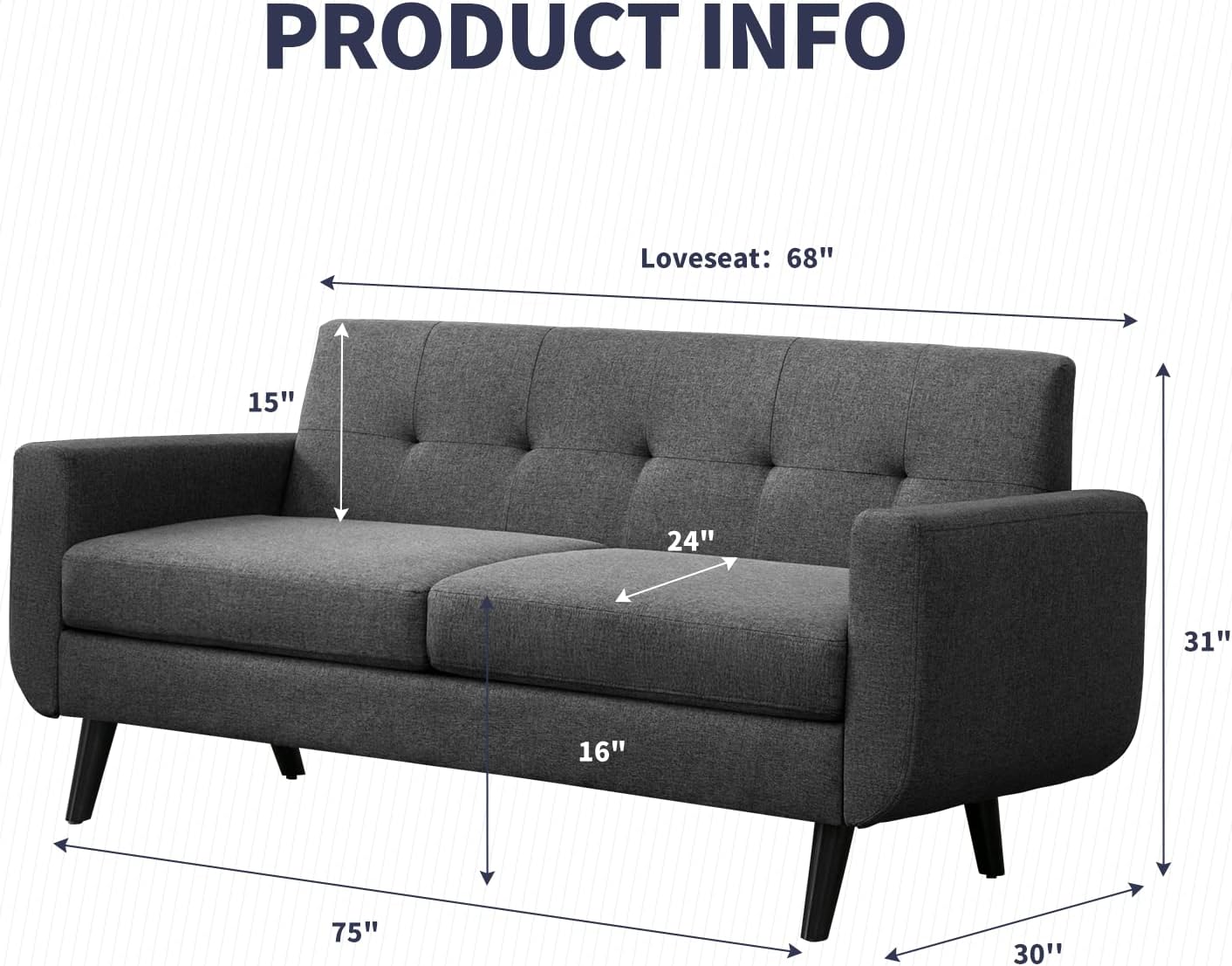 Sofá biplaza de 68 pulgadas con cojín tapizado de 5.9 pulgadas, cómodo sofá de tela con patas de madera y asiento acolchado para sala de estar,