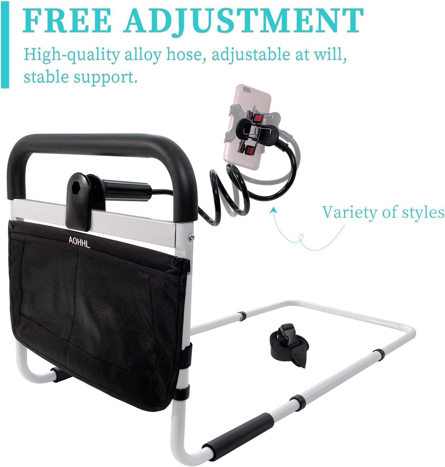 Rieles de cama para adultos mayores de seguridad con alturas ajustables, bolsillo de almacenamiento de asistencia, barandillas laterales para