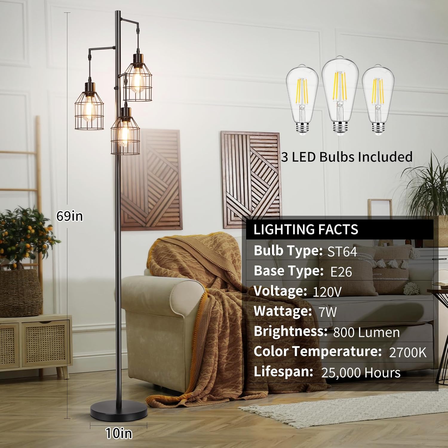 Sucolite Lámpara de pie regulable de 69 pulgadas para sala de estar, lámpara de pie industrial de árbol de 3 luces, color negro con jaulas, lámpara