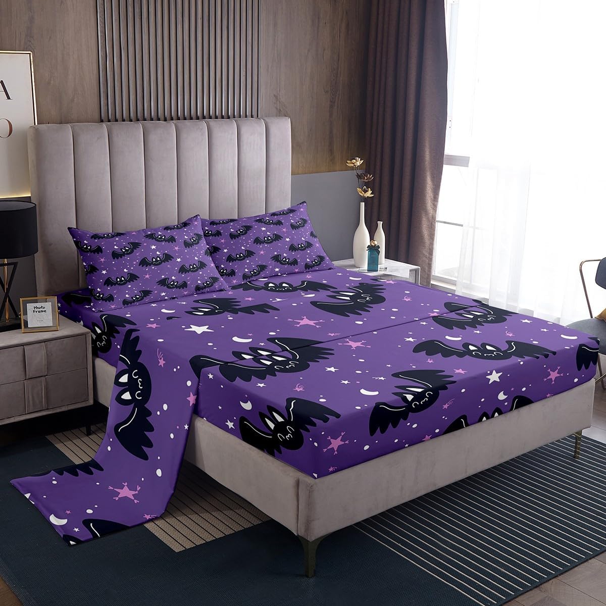 Lindas sábanas de murciélagos tamaño Queen, juego de sábanas de Feliz Halloween para niños y niñas, Kawaii cielo estrellado estrellas luna, sábana