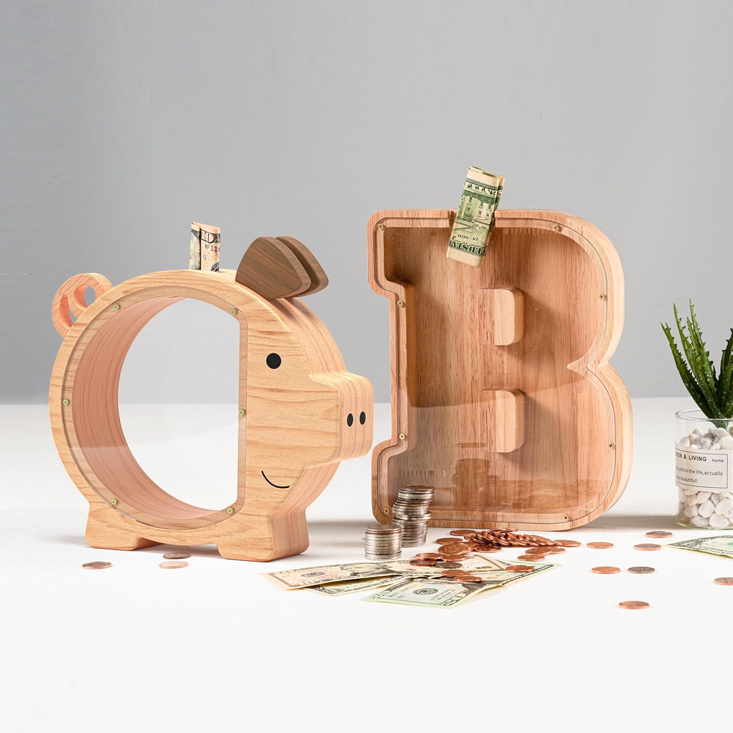 Summidate Alcancía de madera para niños, bonita caja de dinero para niños y niñas, banco de monedas de madera irrompible, tarro de dinero de ahorro