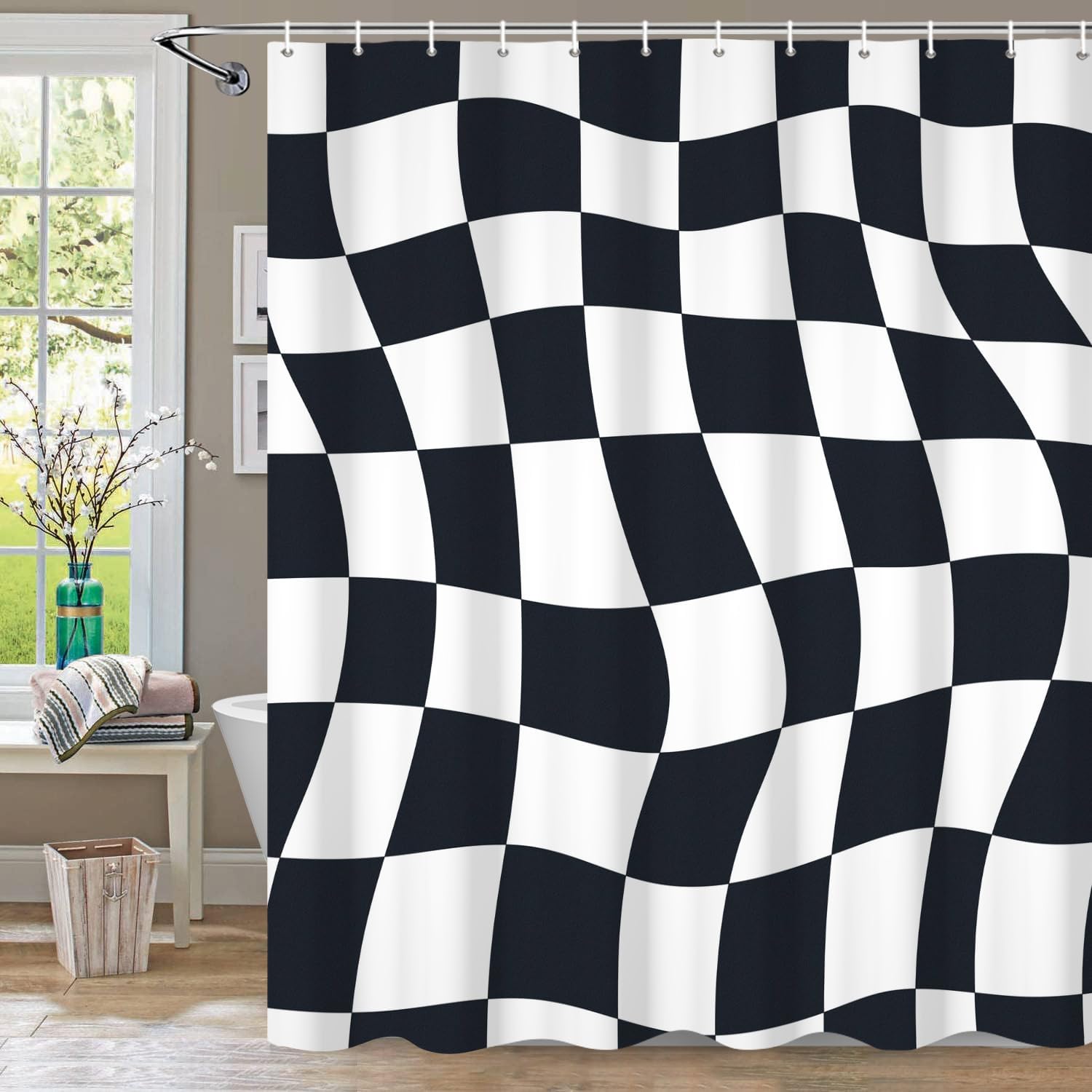 Cortinas de ducha a cuadros para baño, cortina de ducha en blanco y negro, 60 pulgadas de ancho x 72 pulgadas de alto, bonita cortina de ducha retro
