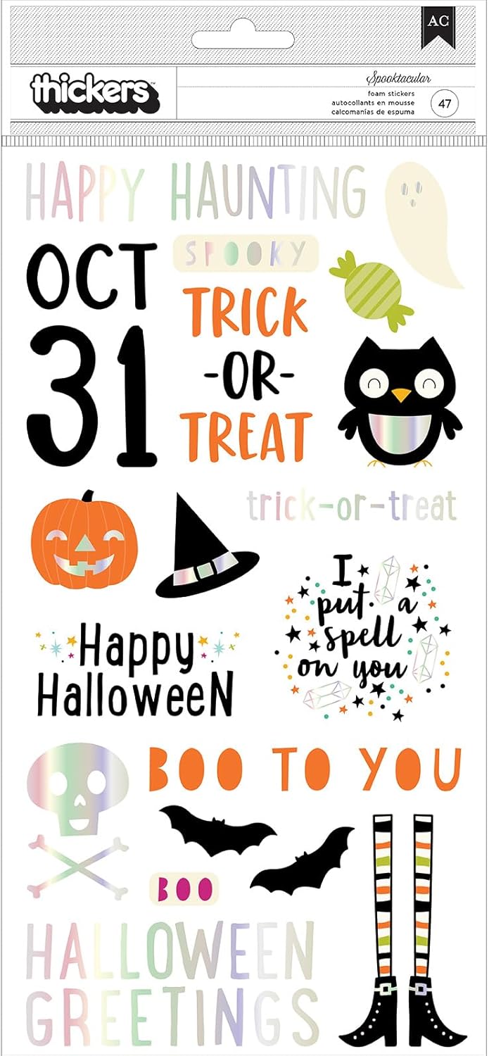 American Crafts Frases gruesas de Feliz Halloween, 47 piezas, suministros de manualidades, fantasmas, murciélagos, calcomanías para niños,