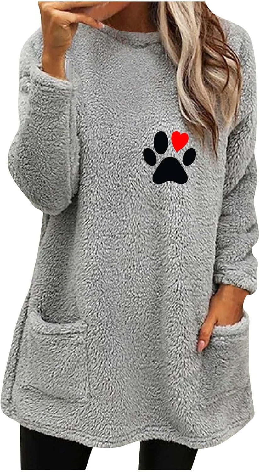 Sudadera cálida de forro polar Sherpa para mujer, acogedora, suave, con cuello redondo, mullida, con estampado de patas, de corazón, manga larga,