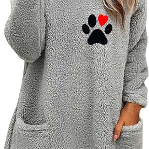 Sudadera cálida de forro polar Sherpa para mujer, acogedora, suave, con cuello redondo, mullida, con estampado de patas, de corazón, manga larga, Sudadera cálida de forro polar Sherpa para mujer, acogedora, suave, con cuello redondo, mullida, con estampado de patas, de corazón, manga larga,