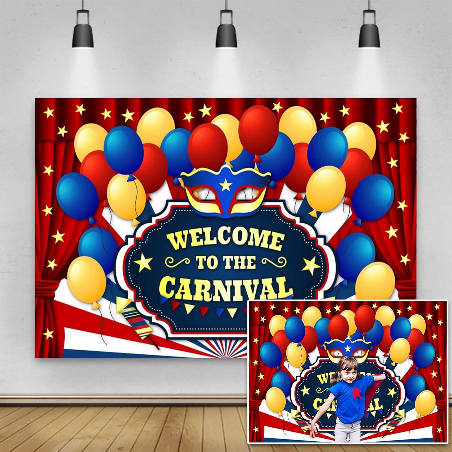 Yeele Telón de fondo de fiesta de carnaval de 10 x 6.5 pies para fotografía, globos azules y amarillos, cortina roja, telón de fondo para fiesta,