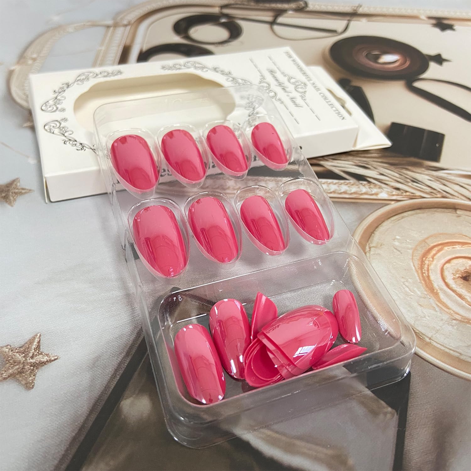 Uñas postizas a presión de color rosa láser, uñas postizas ovaladas medianas de color sólido brillante, uñas postizas reutilizables, uñas postizas