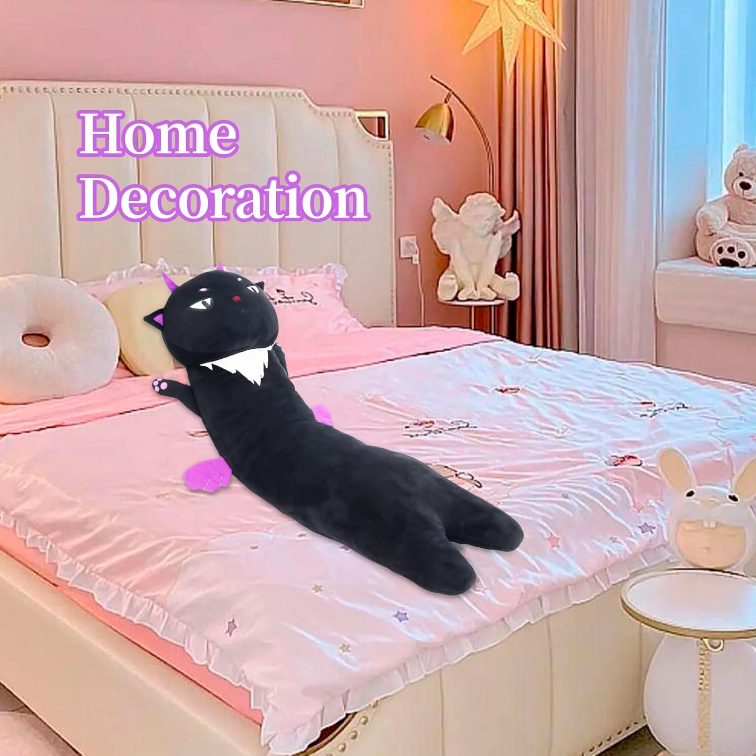 Almohada larga de peluche de gato negro, 27.6 pulgadas, lindos animales de peluche suaves, almohada de felpa de gatito, juguete de regalo para el
