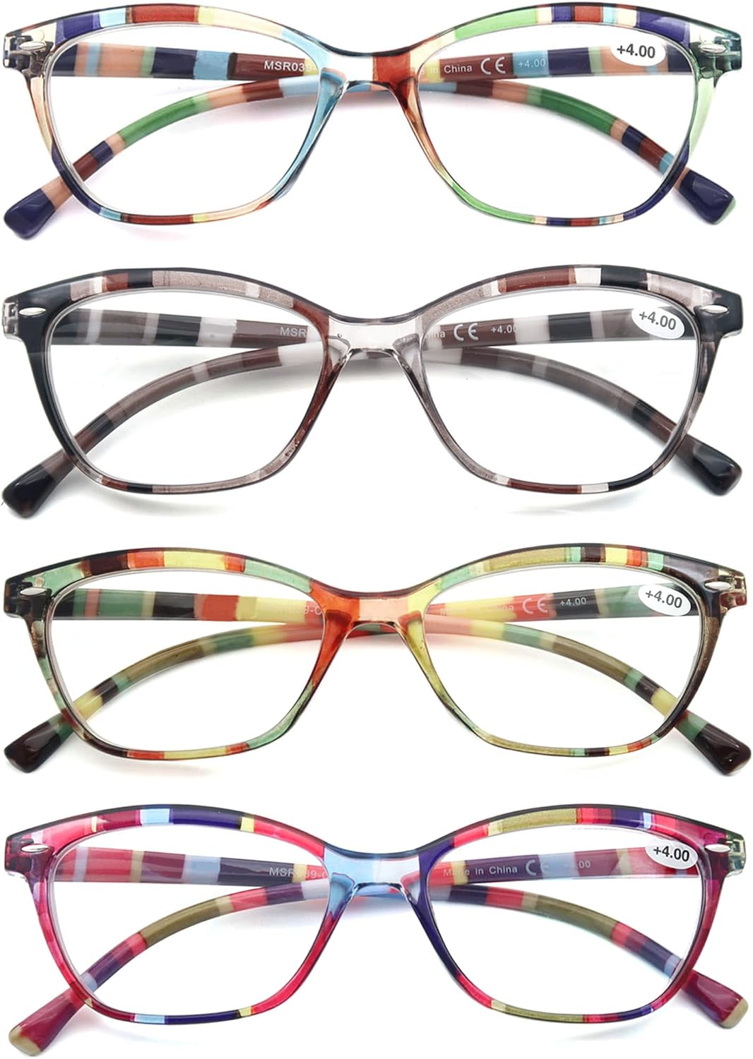 Gafas de lectura para mujer, paquete de 4 unidades, coloridos 2.25 lectores, hermoso patrón de ojos de gato para leer, ligeros, flexibles con