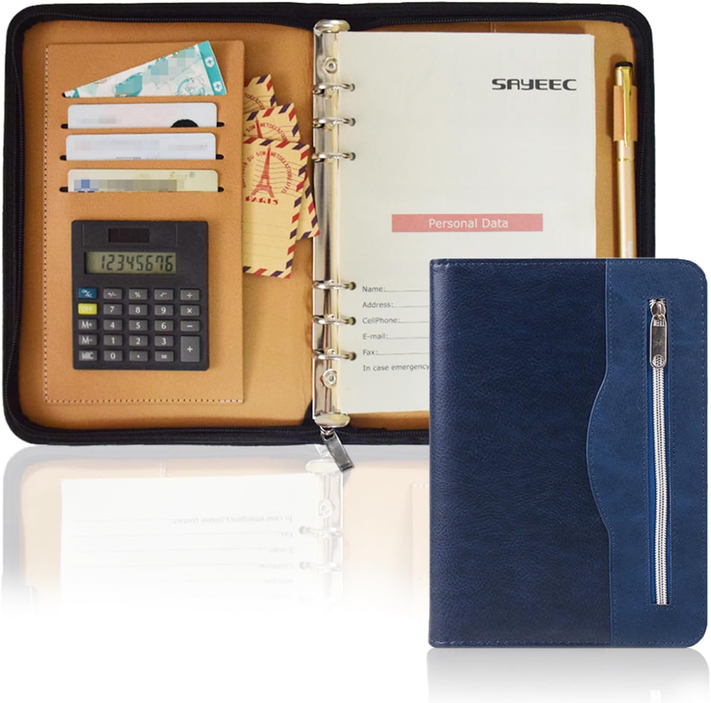 SAYEEC Cuaderno multifuncional A5 con cremallera, portátil, portafolio de viaje, bolsillo interior, carpeta de 6 anillas, carpeta para reuniones,