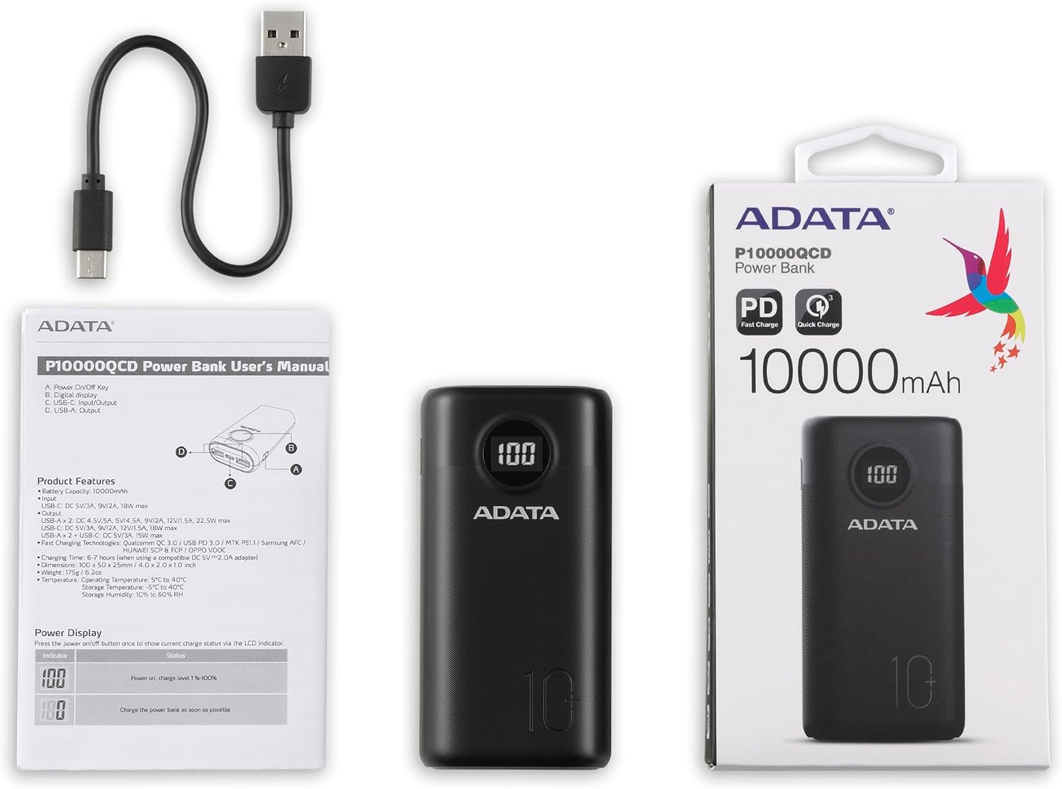 ADATA P10000QCD 10000mAh Qualcomm QC 3.0  USB PD 3.0 Dual USB-A (18W) y USB-C de carga rápida (18W) cargador portátil de banco de energía