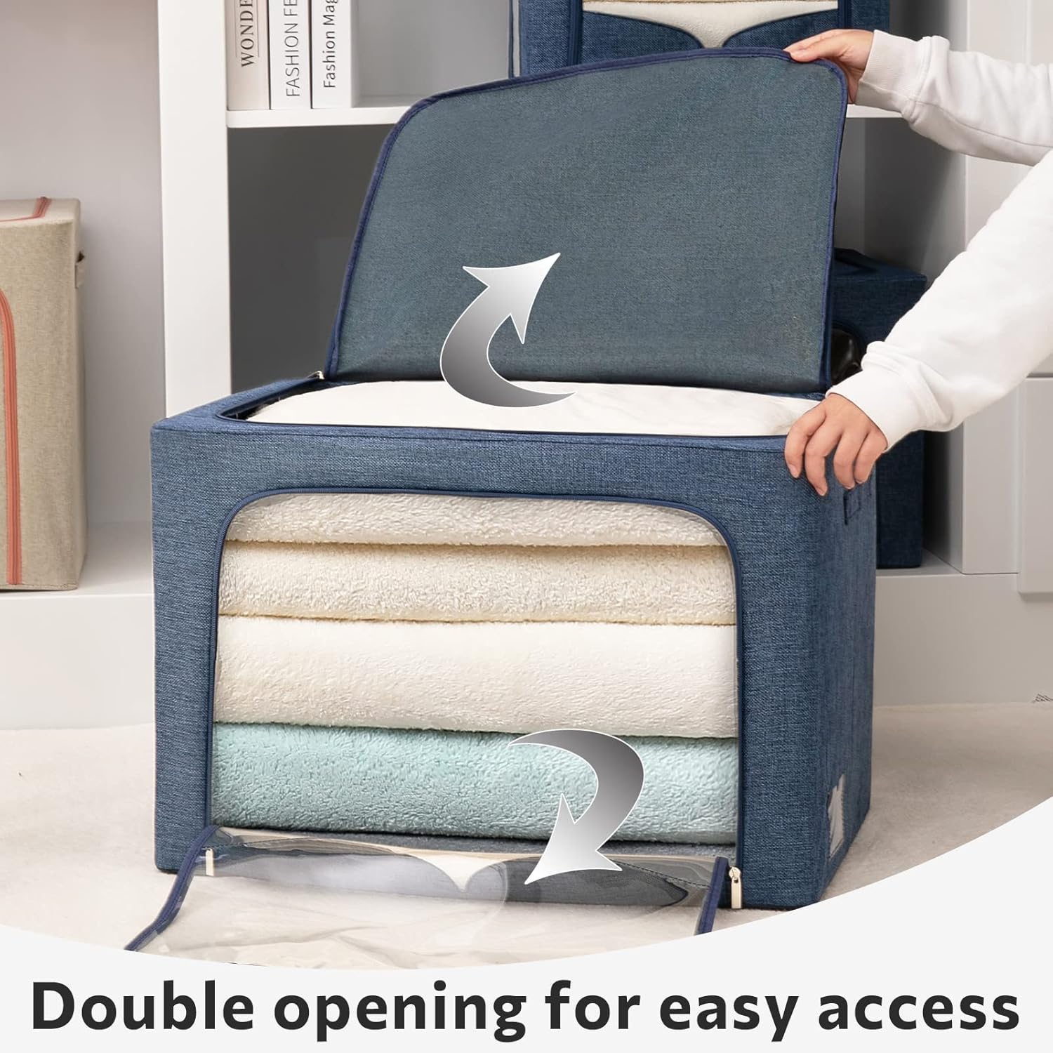 Paquete de 3 contenedores de almacenamiento de ropa, caja de almacenamiento plegable grande con marco de metal, organizador apilable de tela de lino