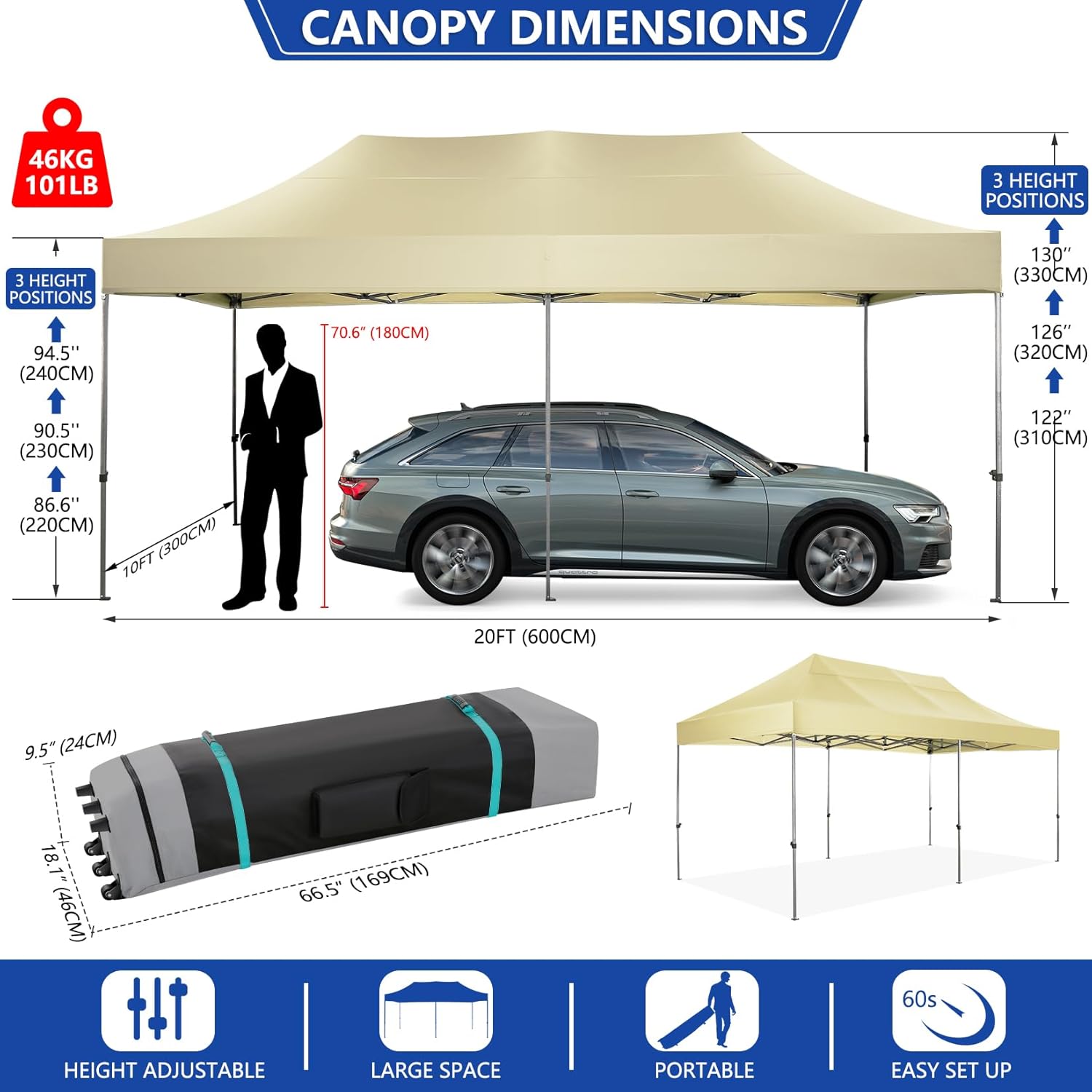 Tooluck Toldo desplegable resistente de 10 x 20 pulgadas, altura ajustable, toldo comercial fácil de instalar, UPF 50+, impermeable, al aire libre,