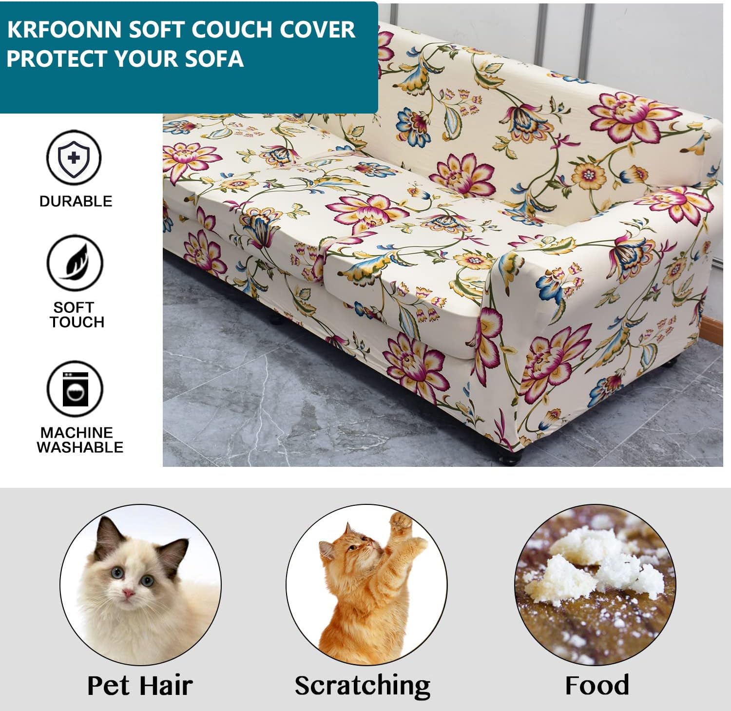 KRFOONN Funda de sofá de 4 piezas con estampado para sofás de 3 cojines, funda de sofá de alta elasticidad con 3 fundas de cojín de asiento