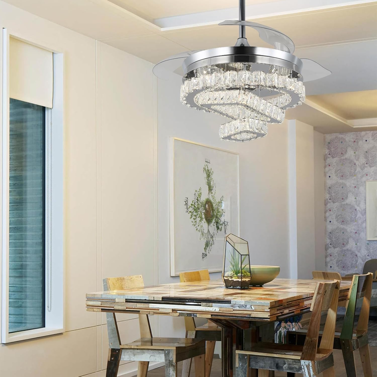 Jenvkoil Ventilador de techo de 42 pulgadas con luces con control remoto regulable de cristal para candelabro, aspas retráctiles, ventiladores de