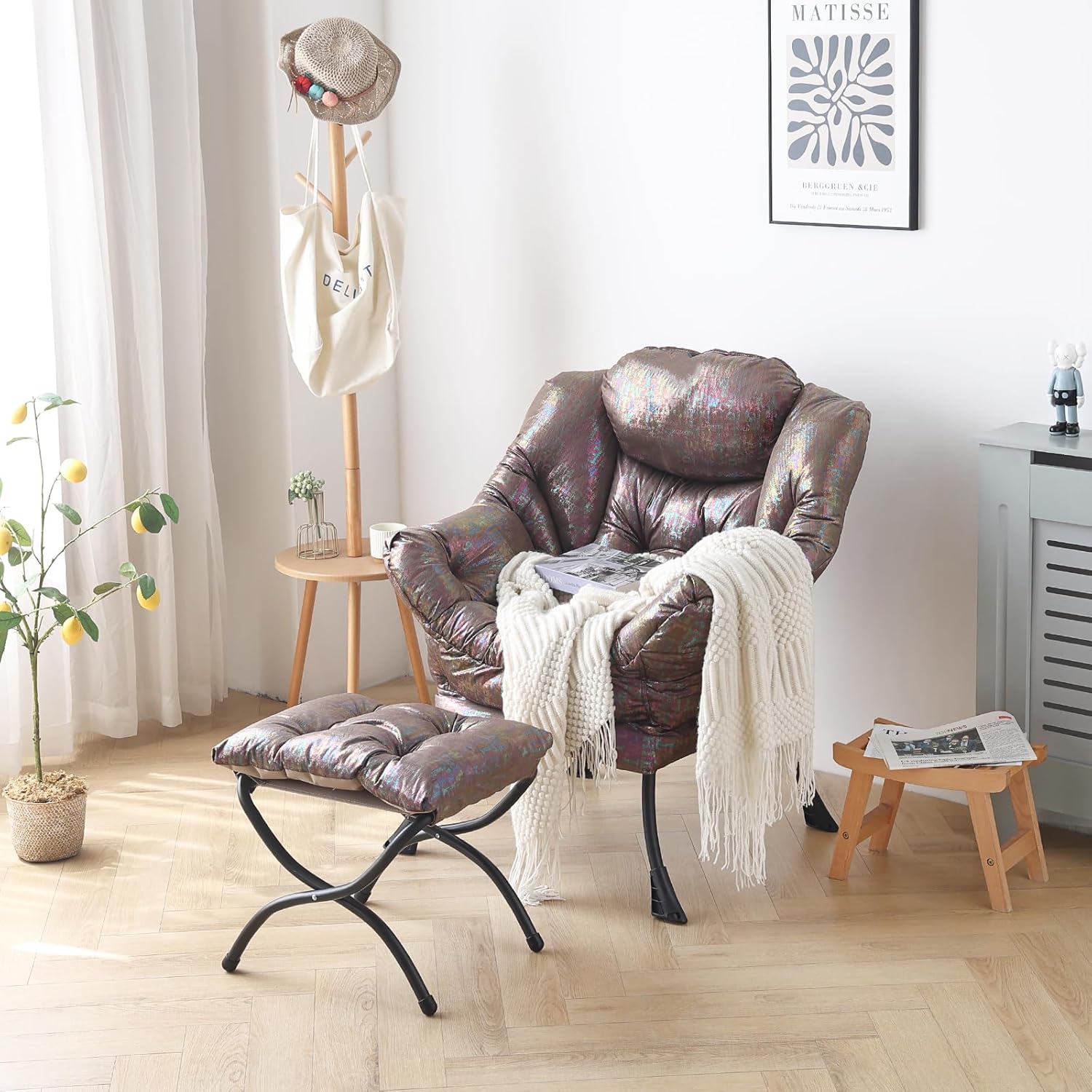 LITA Silla Lazy con otomana, moderna silla tapizada para ocio, silla de lectura con reposabrazos y un bolsillo lateral para sala de estar,