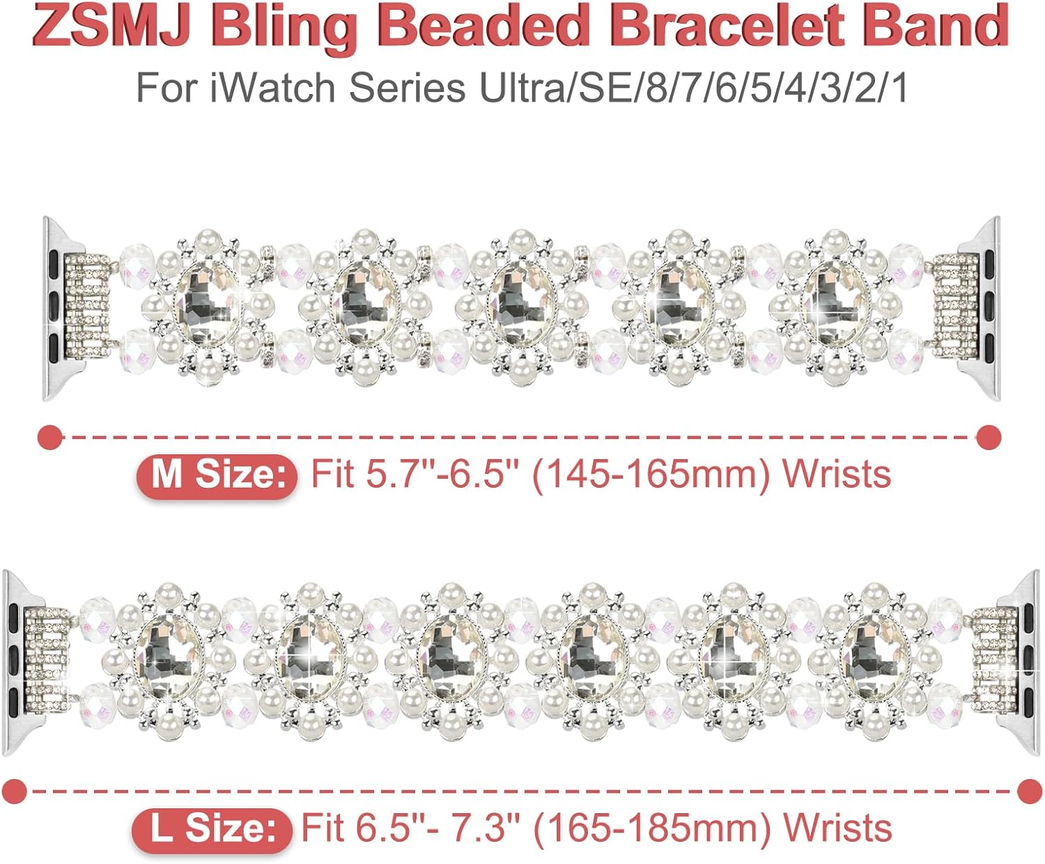 Pulsera de cuentas compatible con Apple Watch Band de 1.49, 1.57, 1.61, 1.65, 1.73, 1.77 y 1.73 pulgadas, correa duradera de metal con diamantes de