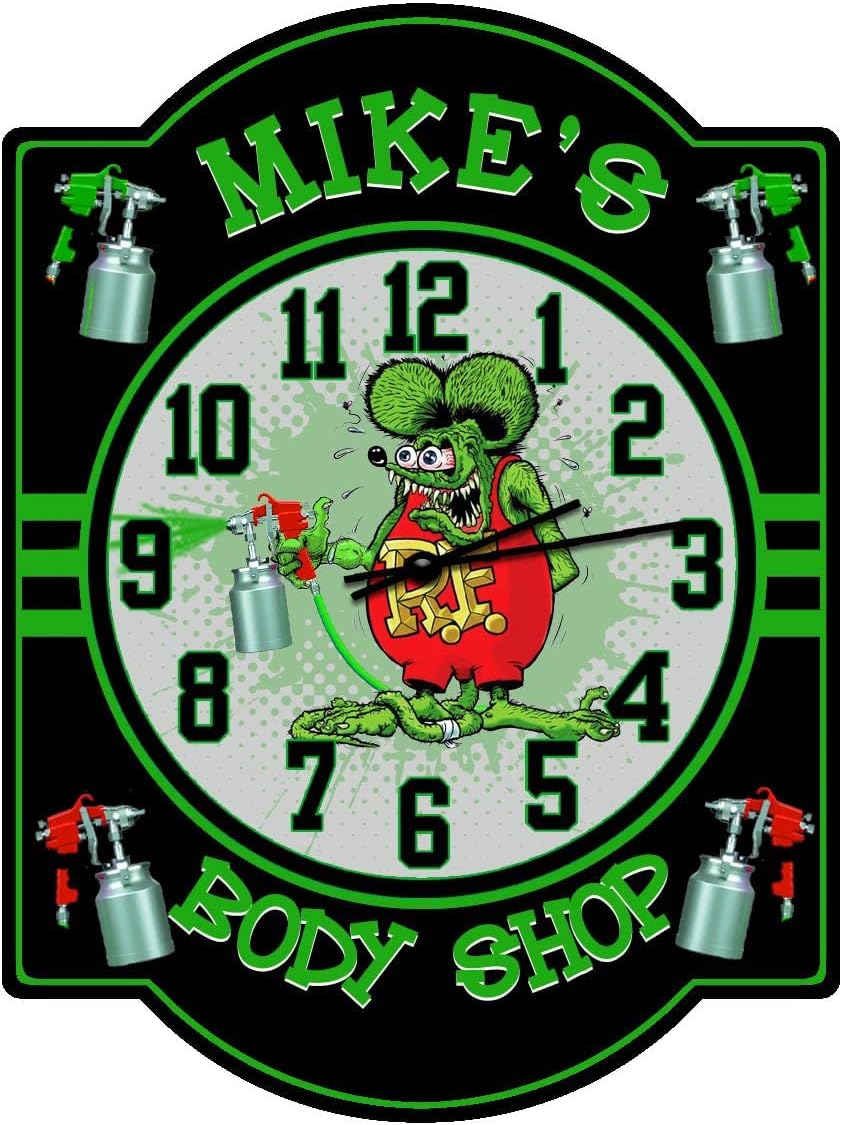 Decorative Concepts Rat Fink Paint Shop – Reloj de pared de garaje verde personalizado, decoración de pared de garaje Ed Roth Rat Fink