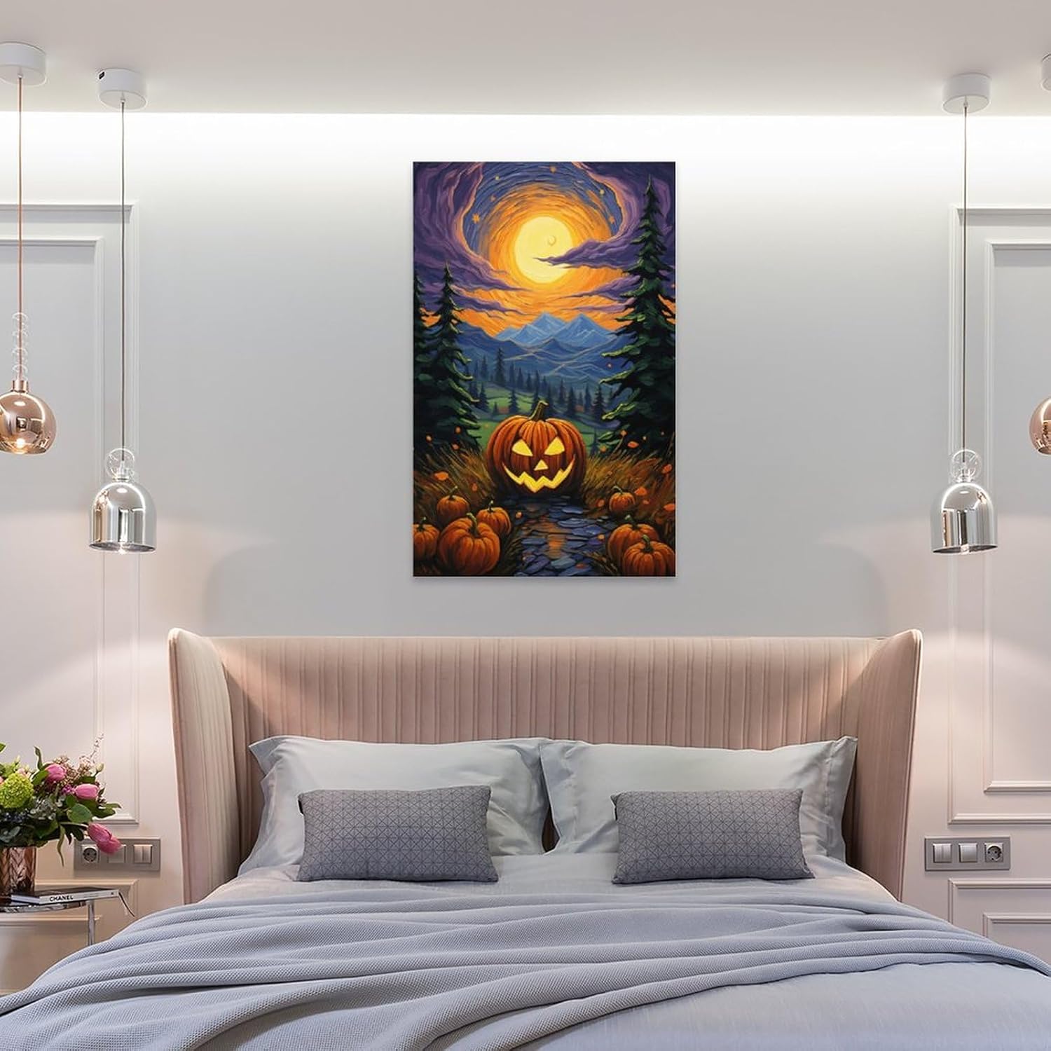 Póster de noche estrellada de Van Gogh con diseño de calabaza, lienzo divertido y estético, decoración de pared de bosque de fantasía, pósteres e
