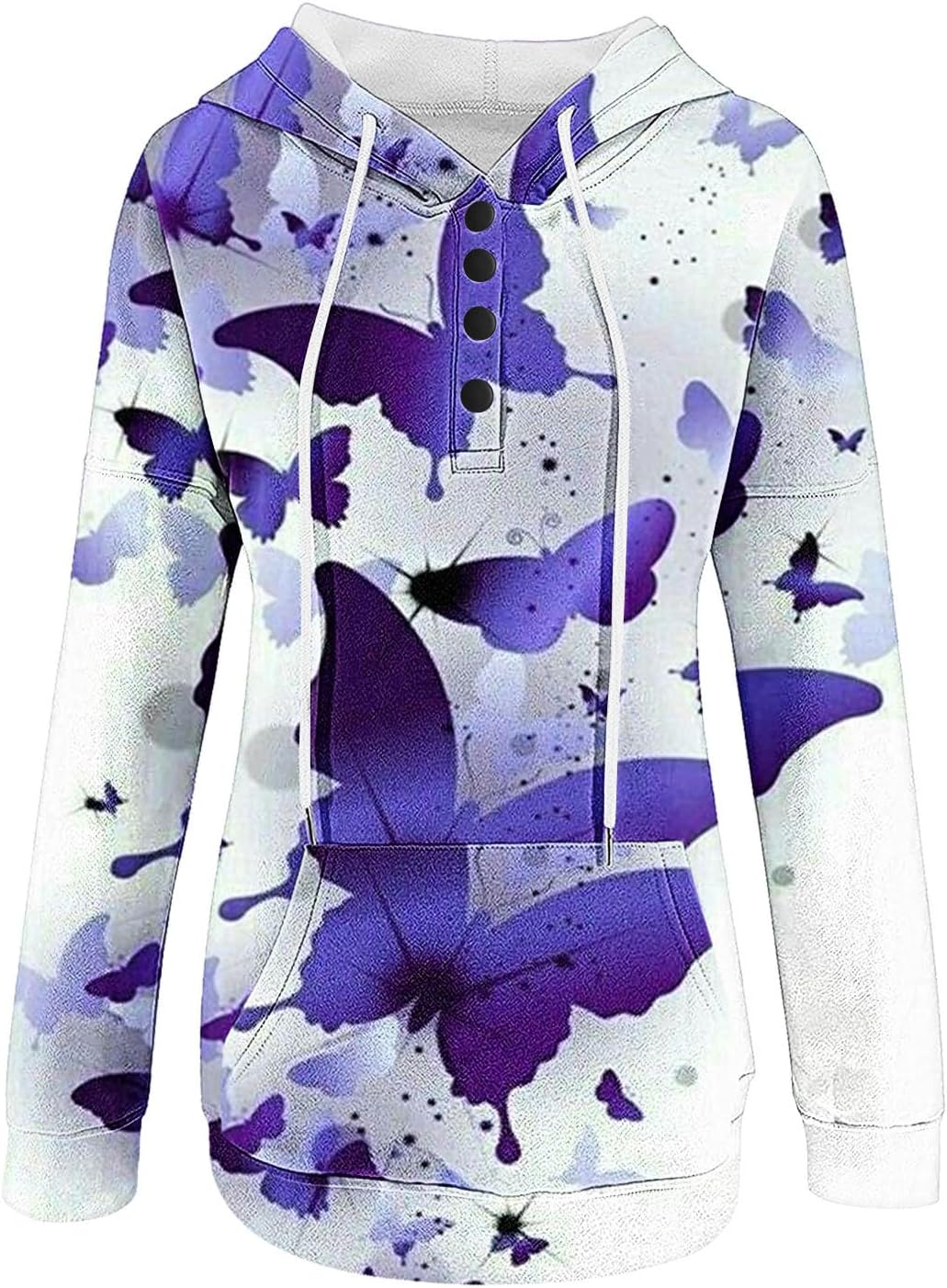 Sudadera con capucha para mujer, con estampado de mariposa, casual, con botones abiertos, estilo Henley, manga larga, con cordón, recortada
