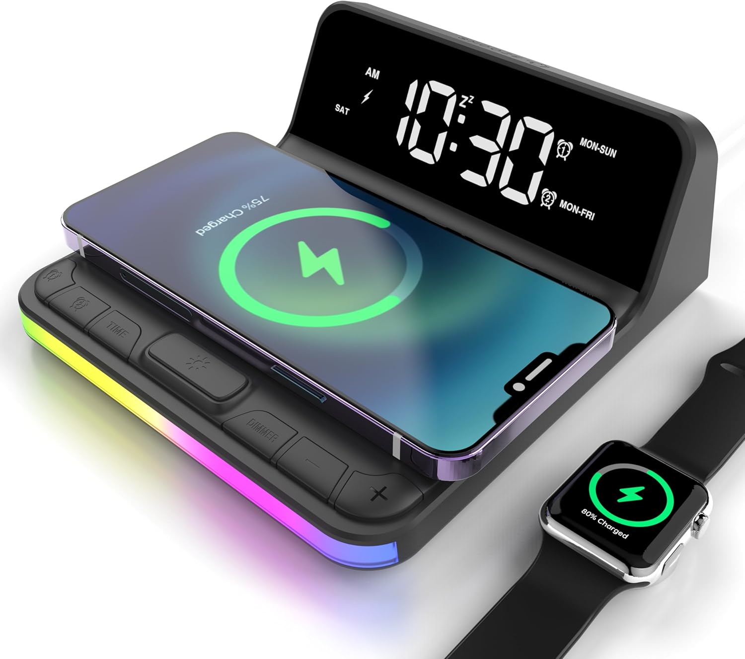 Te-Rich Reloj despertador fuerte para adultos que duermen pesados, reloj despertador con carga inalámbrica, USB y luces, alarma dual (7-5-2), 6