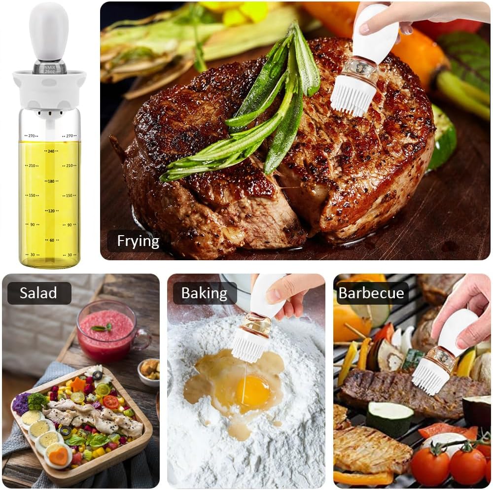 TINMIX Dispensador de aceite de oliva  Botella dispensadora de aceite de vidrio de 10.1 fl oz con cepillo de untado para cocinar salsa de vinagre de