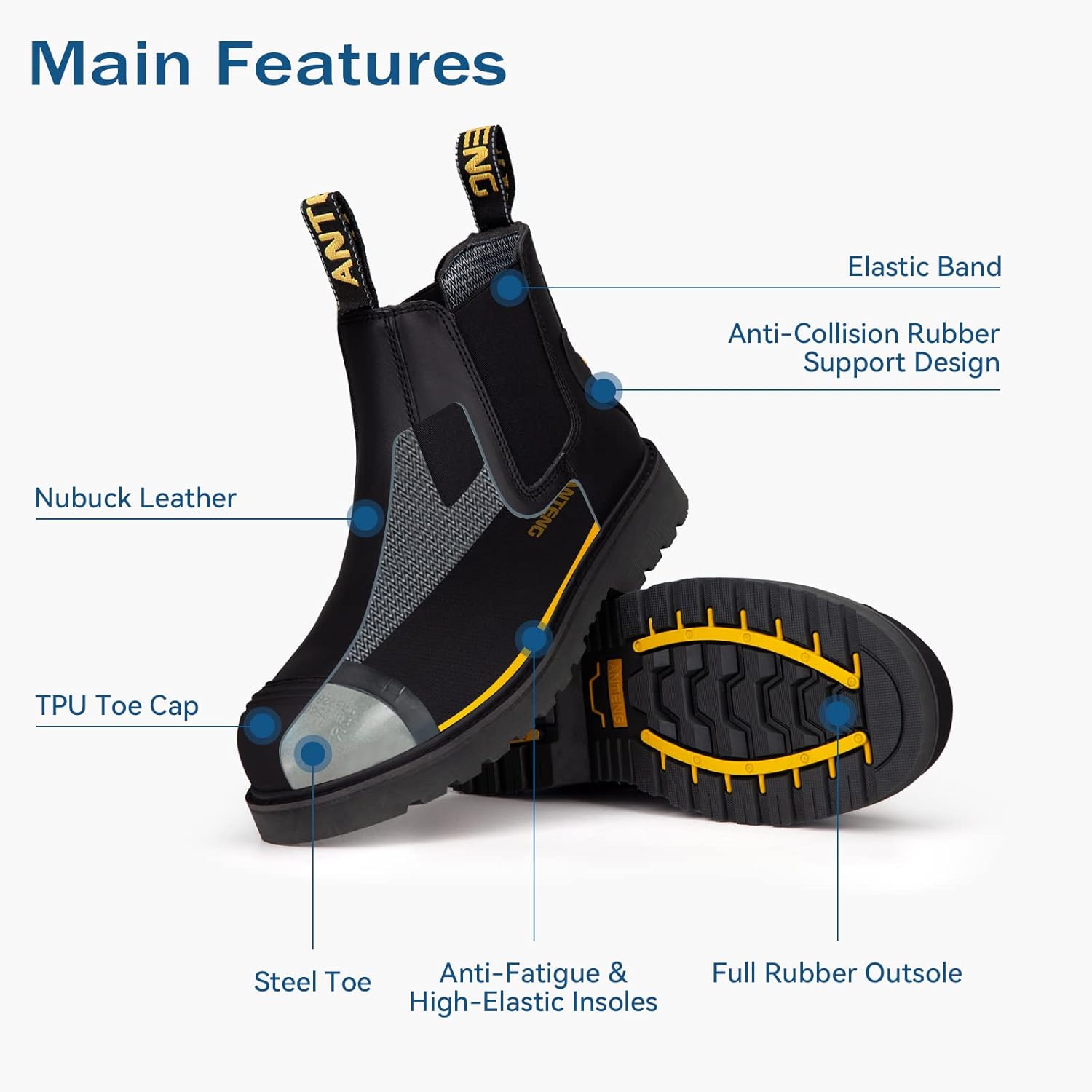ANTENG Botas de trabajo para hombre, calzado de cuero nobuck con punta de acero, suela de goma antideslizante, zapatos de construcción de seguridad,
