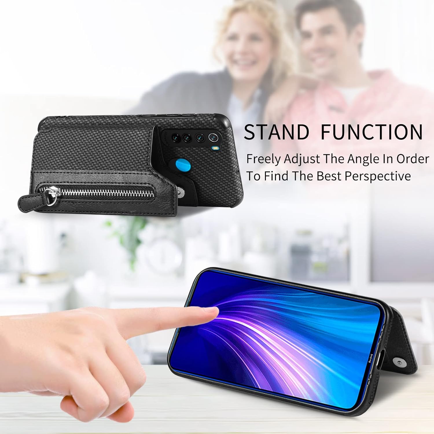 Funda de teléfono para Xiaomi Redmi Note 8 Funda tipo cartera con protector de pantalla de vidrio templado y cremallera Soporte para tarjeta de