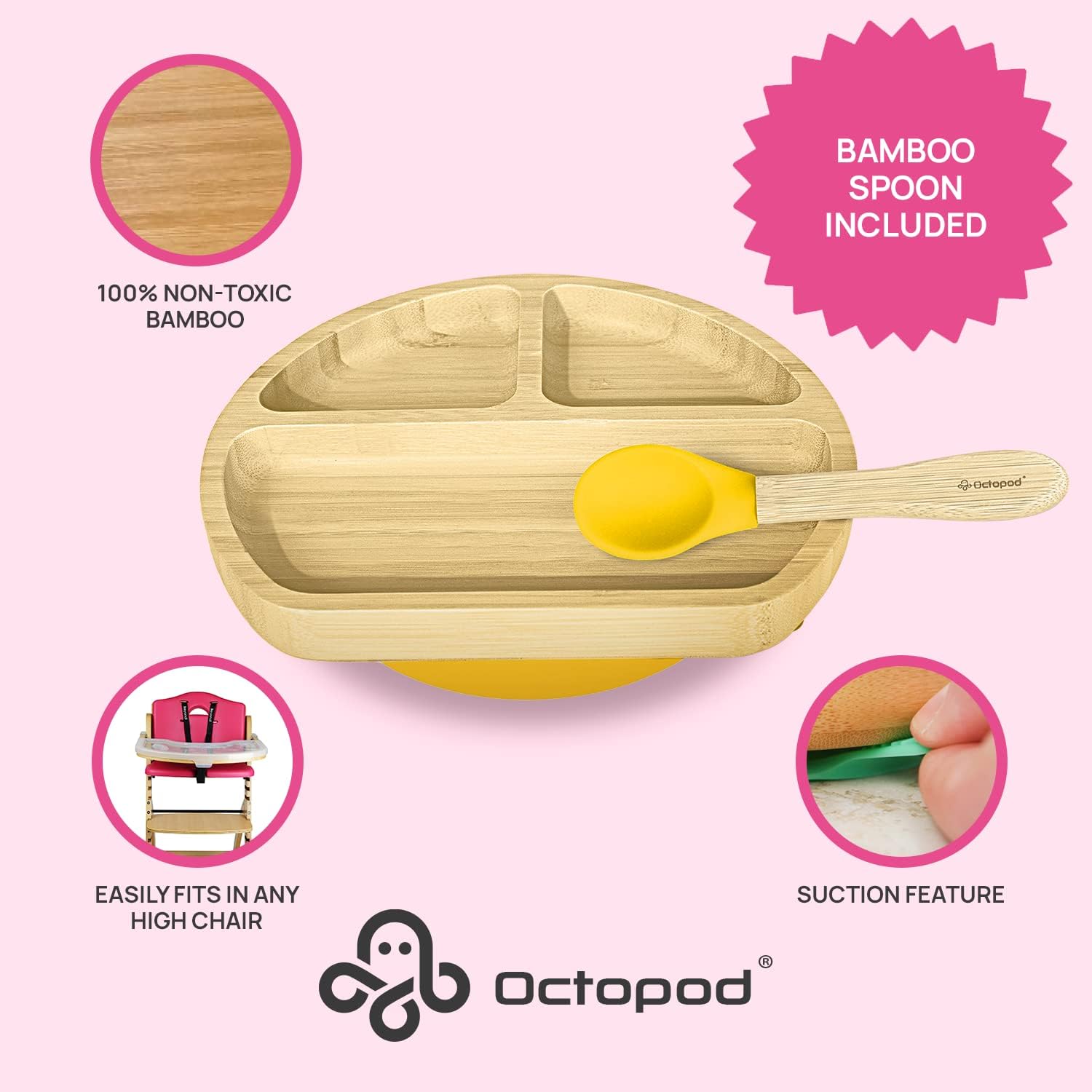 Abiie Octopod – Plato de bambú para niños de 4 meses en adelante, platos para bebés de 3 compartimentos con succión, plato triangular de bambú para