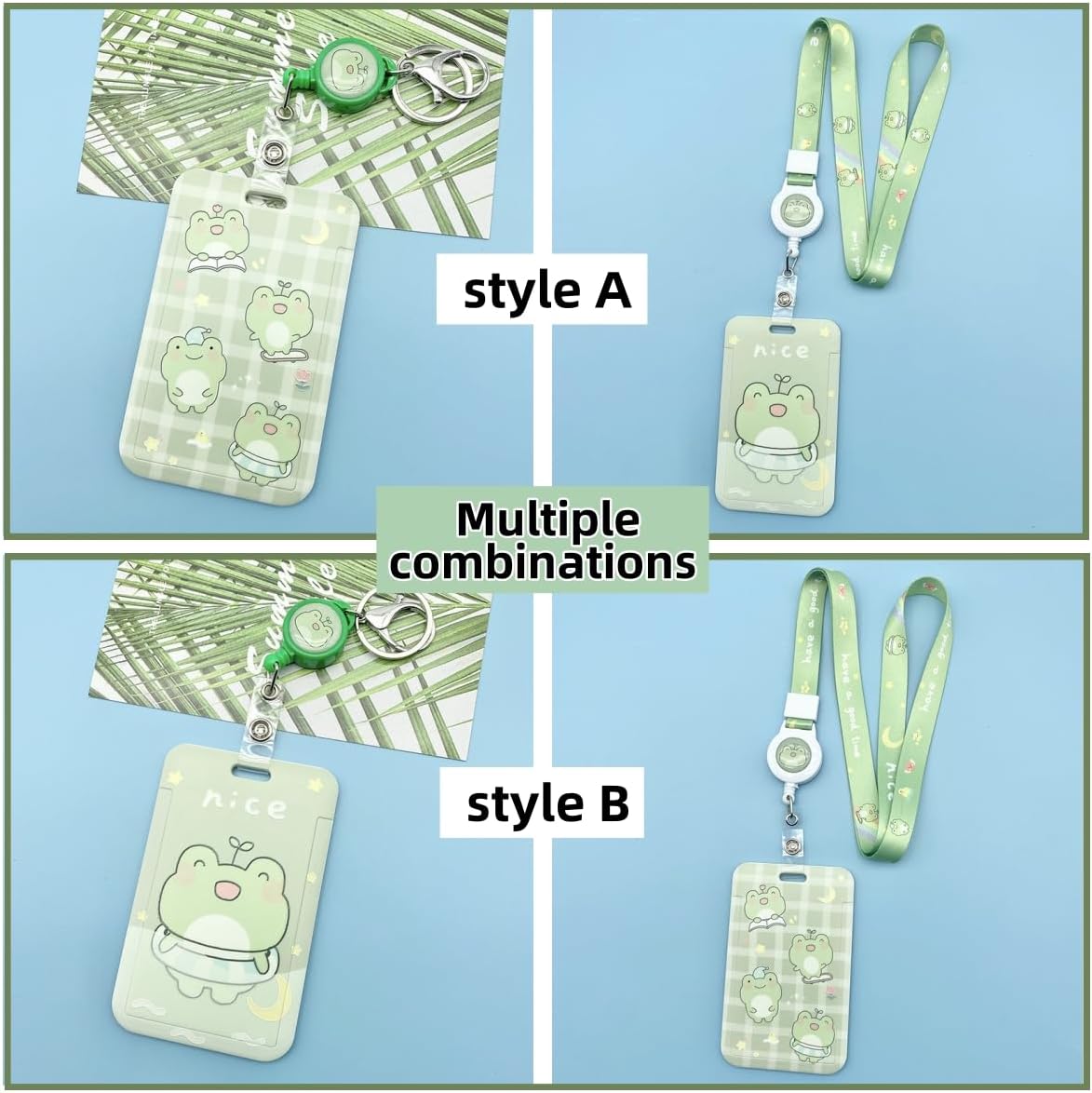 Juego de 2 cordones retráctiles de rana con soporte para identificación, divertido kawaii de pato, gato, perro, caricatura, soporte para tarjetas de