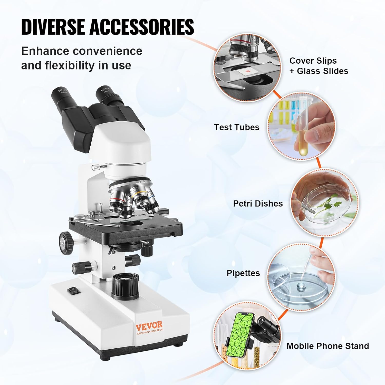 VEVOR Microscopio compuesto binocular, aumento 40X-2500X, microscopio binocular para adultos con iluminación LED, incluye soporte para teléfono y