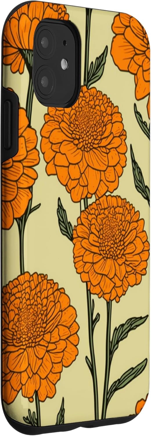 Funda naranja floral moderna para iPhone 11 Marigold Flower Line Art