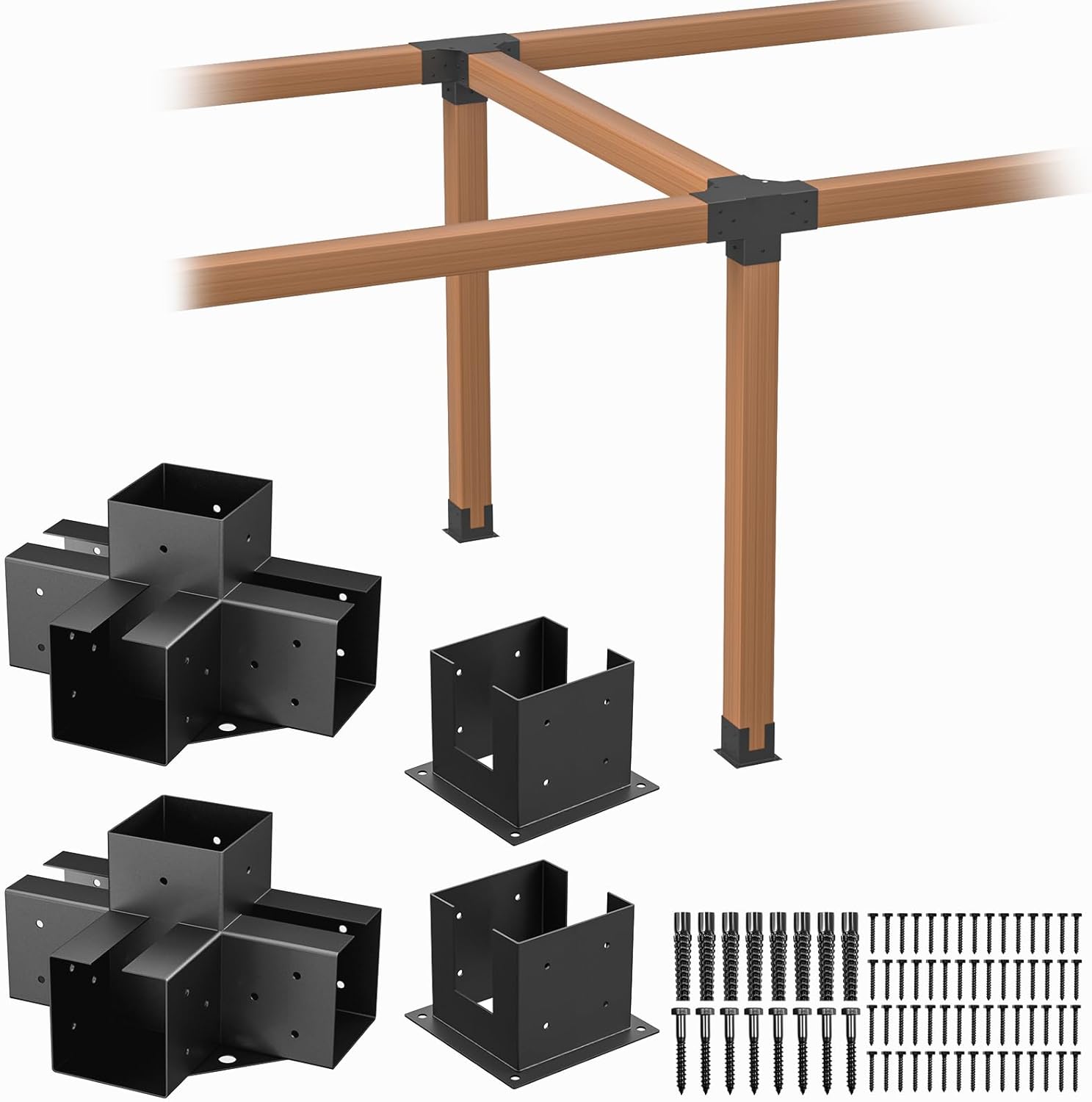 Kit de soportes de pérgola de 6 x 6, soportes de esquina de madera recubiertos de polvo de 4 vías, 2 hombros de soporte y 2 bases de postes de